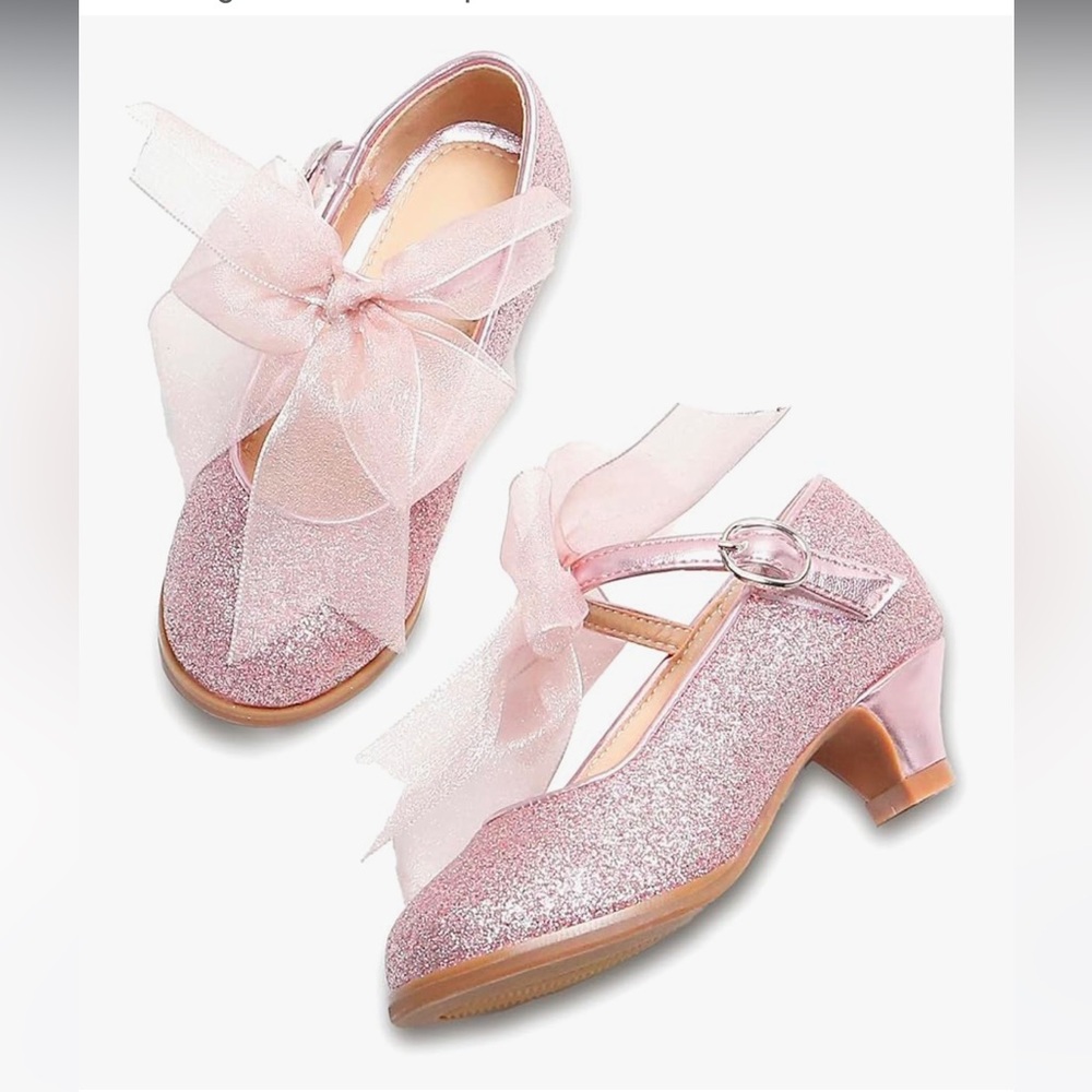NWOB Thee Bron Girls Sparkle Pink Mary Jane Heels with Organza Bow